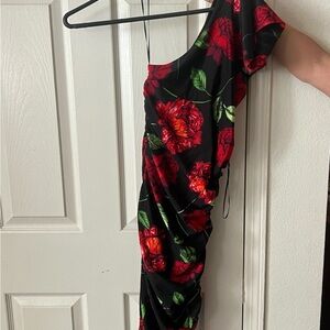 AFRM One-Shoulder Dress with Red and Green Floral